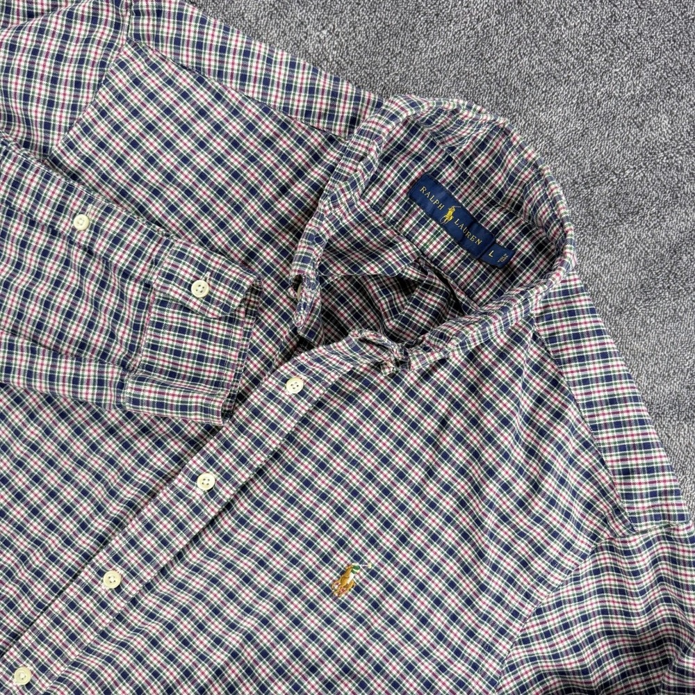 Ralph Lauren Mens Large Plaid Button Down Shirt Navy Green Red Cotton